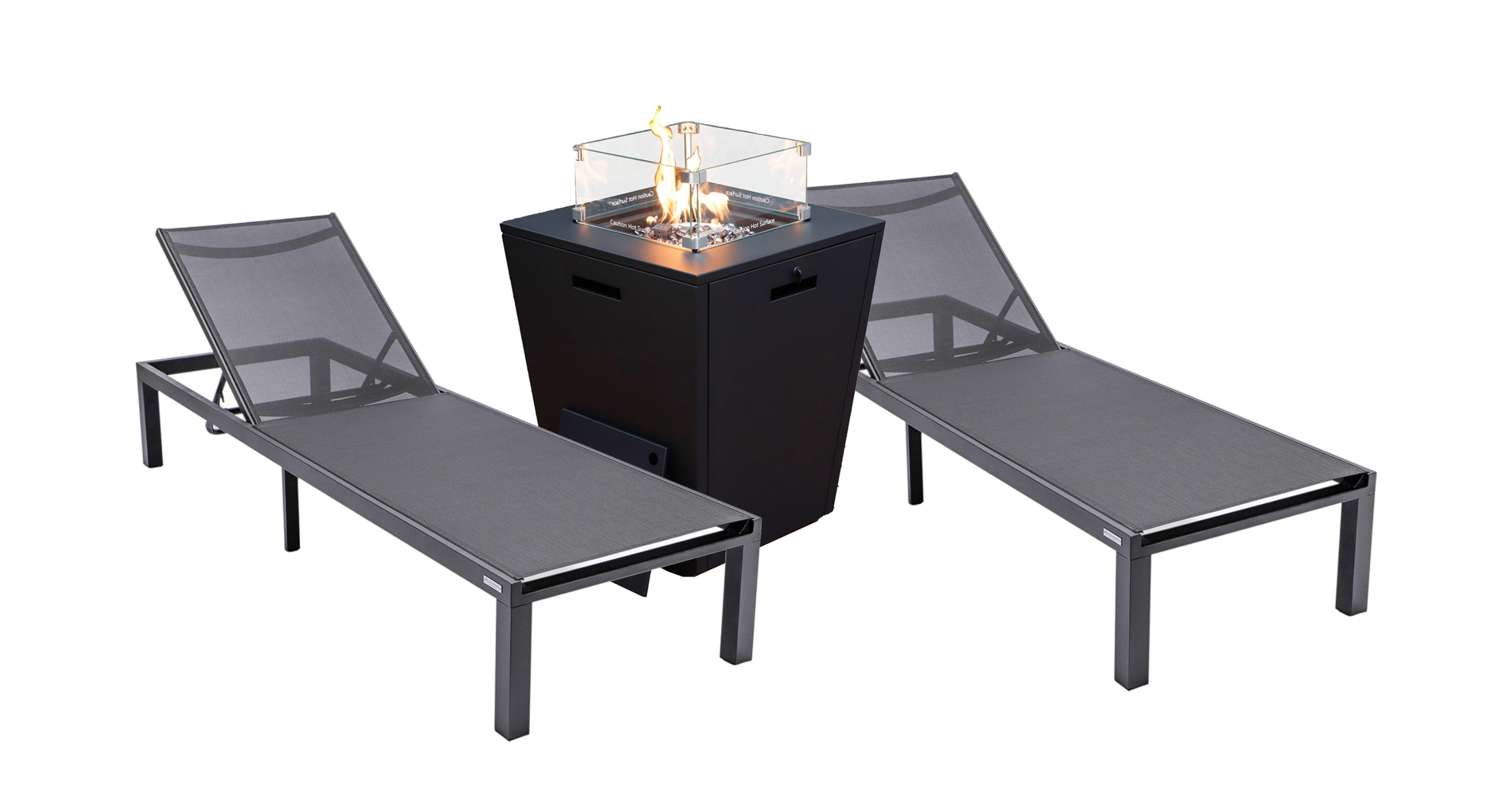 Marlin Modern White Aluminum Outdoor Chaise Lounge Chair With Square Fire Pit Side Table Set of 2