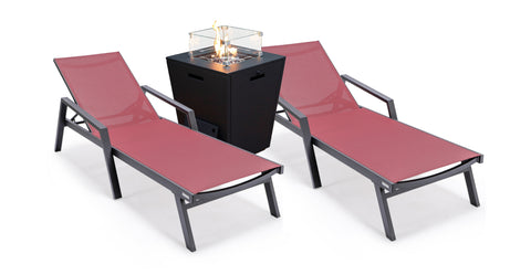 Marlin Modern Black Aluminum Outdoor Chaise Lounge Chair Set of 2 With Arms and Square Fire Pit Side Table for Patio