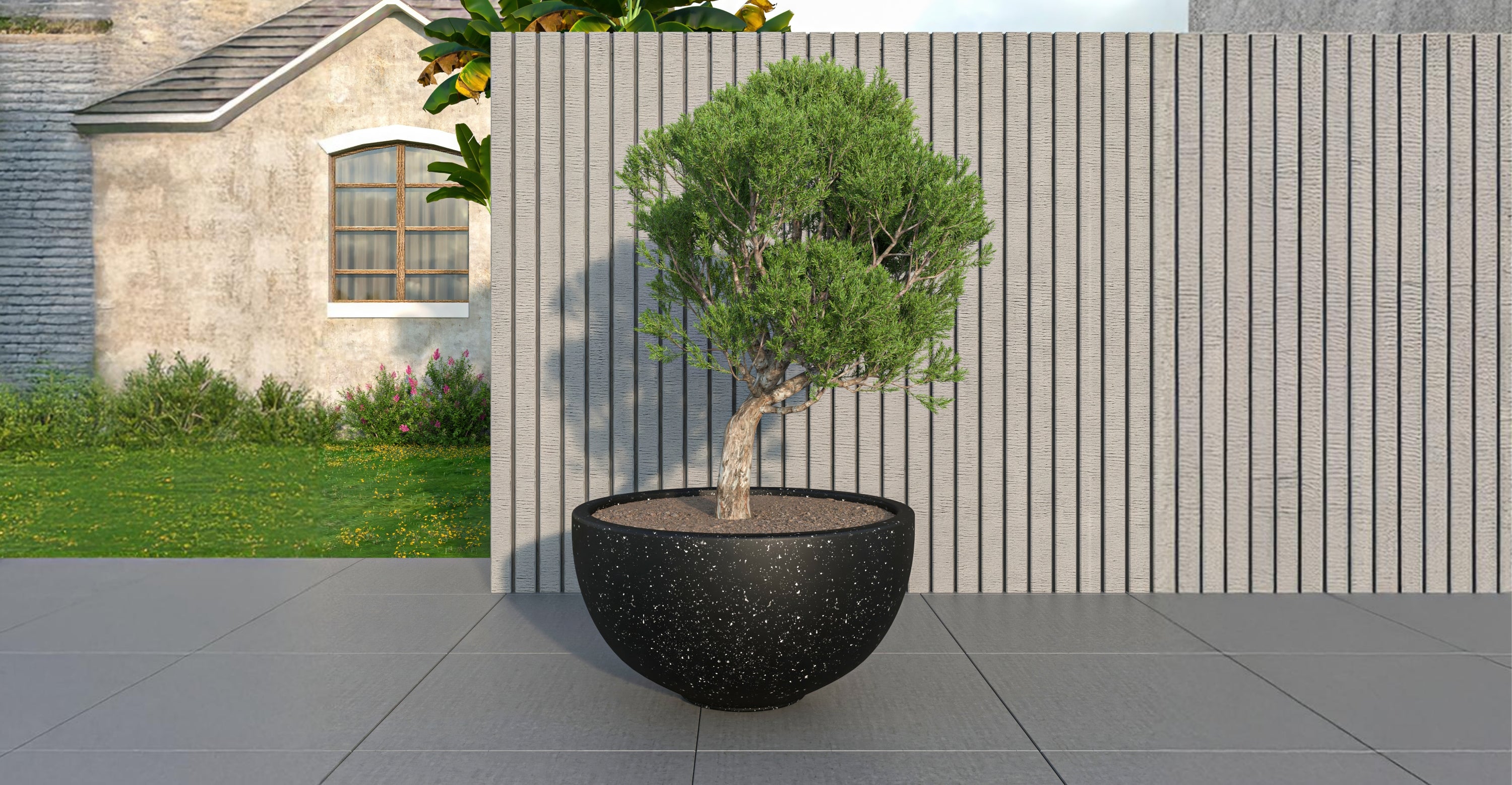 Iris Modern Round Planter Pot in Fiberstone and Clay Weather Resistant Design