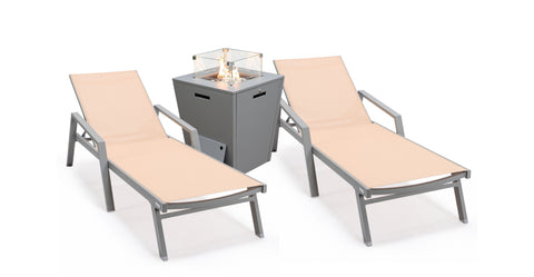 Marlin Modern Grey Aluminum Outdoor Chaise Lounge Chair Set of 2 With Arms and Square Fire Pit Side Table for Patio