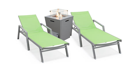 Marlin Modern Grey Aluminum Outdoor Chaise Lounge Chair Set of 2 With Arms and Square Fire Pit Side Table for Patio