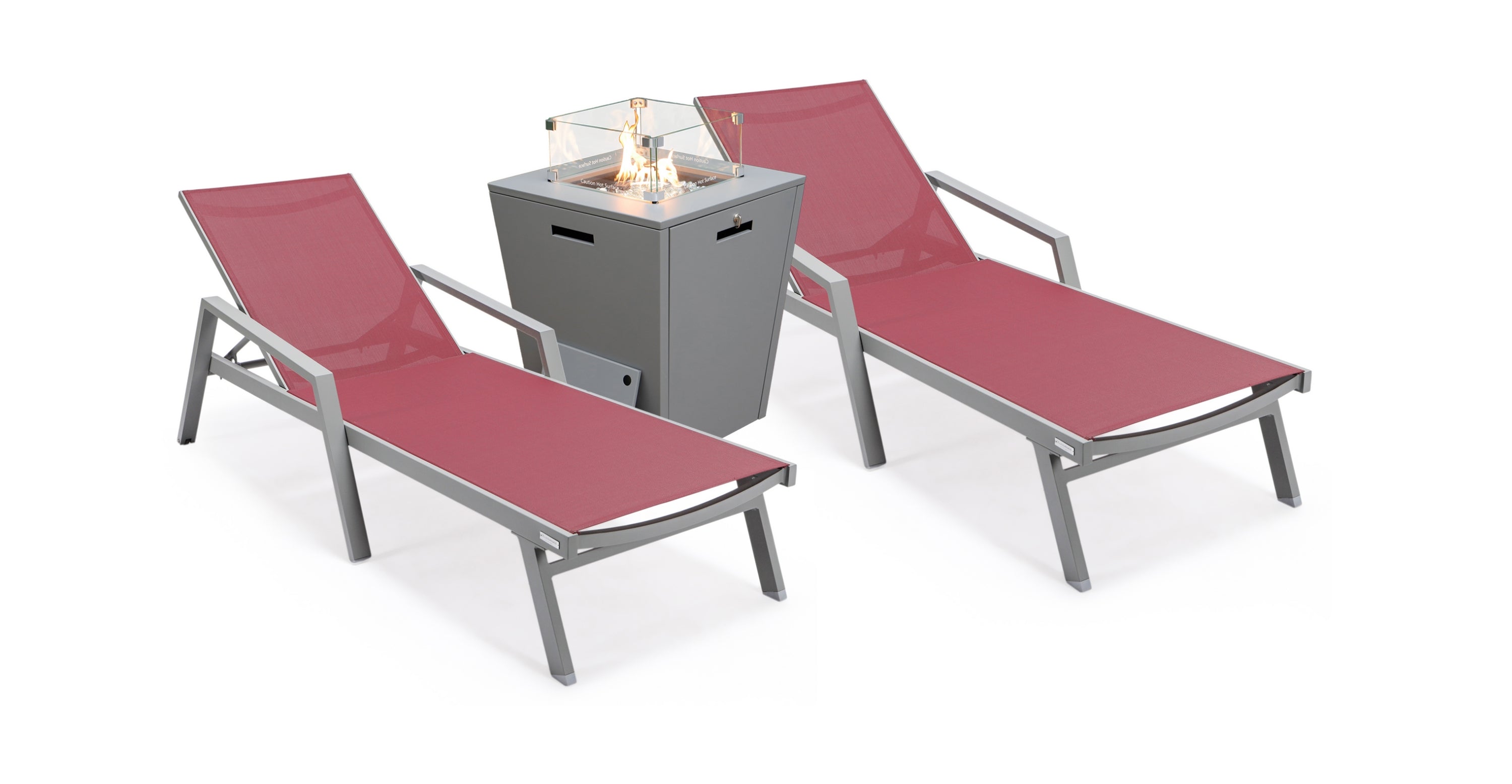 Marlin Modern Grey Aluminum Outdoor Chaise Lounge Chair Set of 2 With Arms and Square Fire Pit Side Table for Patio