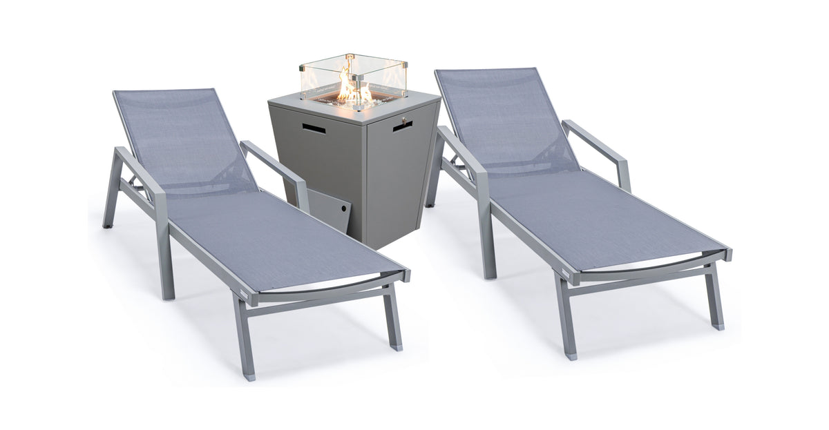 Marlin Modern Grey Aluminum Outdoor Chaise Lounge Chair Set of 2 With Arms and Square Fire Pit Side Table for Patio