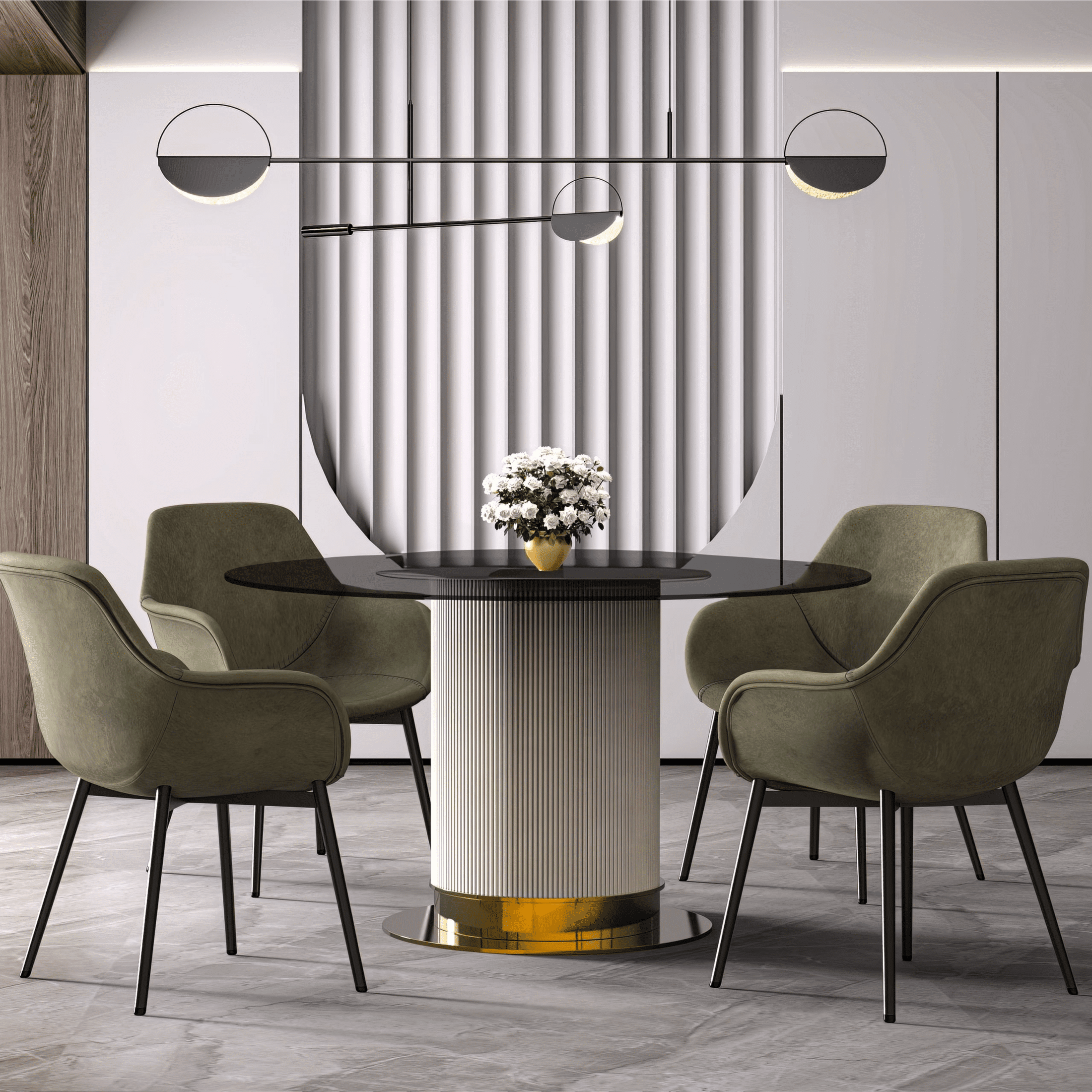 Jexis Round Dining Table with Glass/Sintered Stone Top and Stainless Steel Pedestal Base