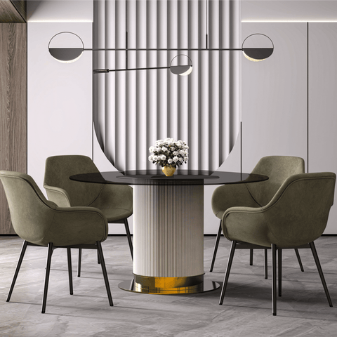 Jexis Round Dining Table with Glass/Sintered Stone Top and Stainless Steel Pedestal Base