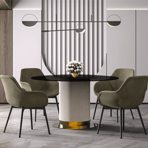 Jexis Round Dining Table with Glass/Sintered Stone Top and Stainless Steel Pedestal Base