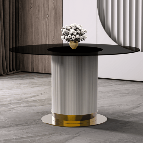 Jexis Round Dining Table with Glass/Sintered Stone Top and Stainless Steel Pedestal Base