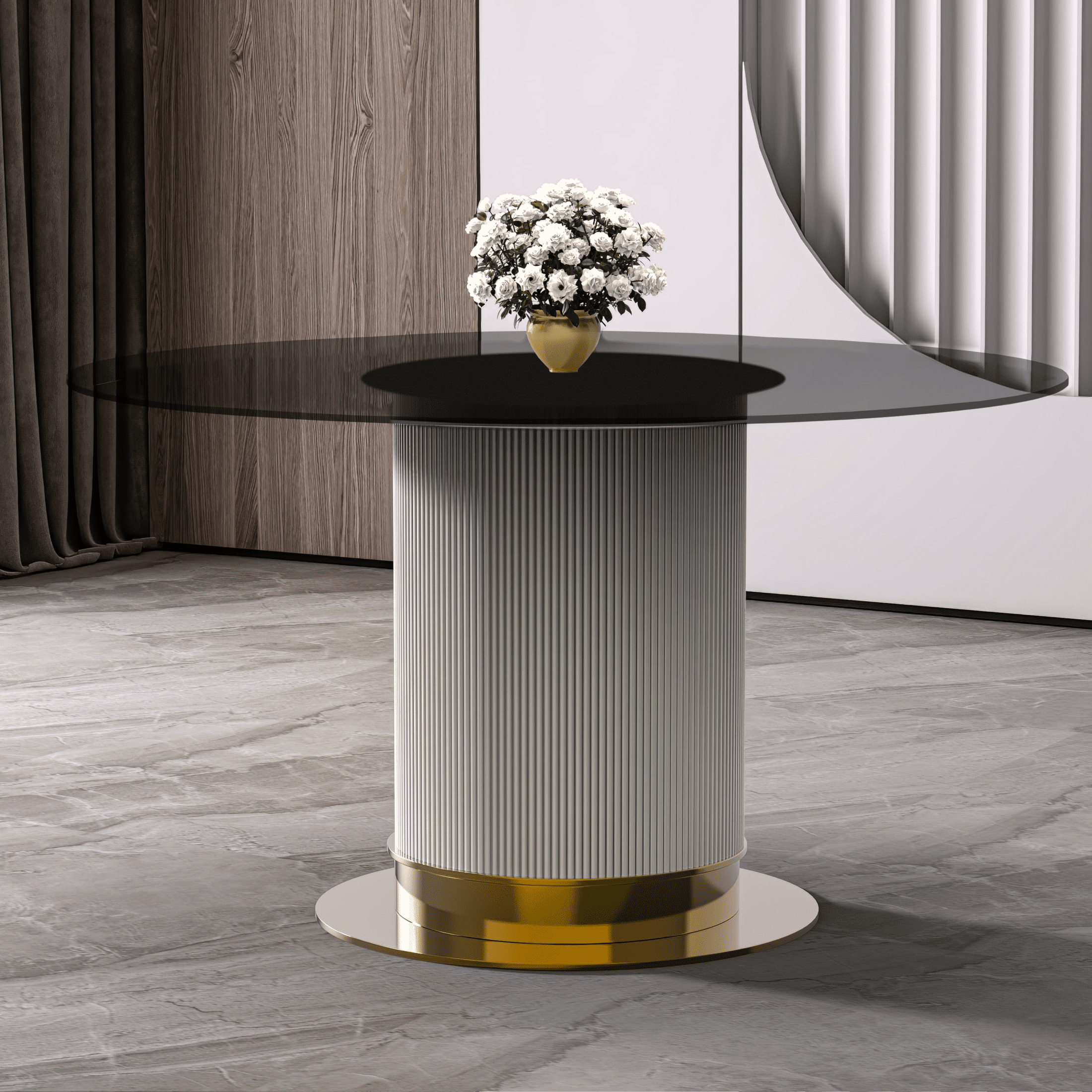 Jexis Round Dining Table with Glass/Sintered Stone Top and Stainless Steel Pedestal Base