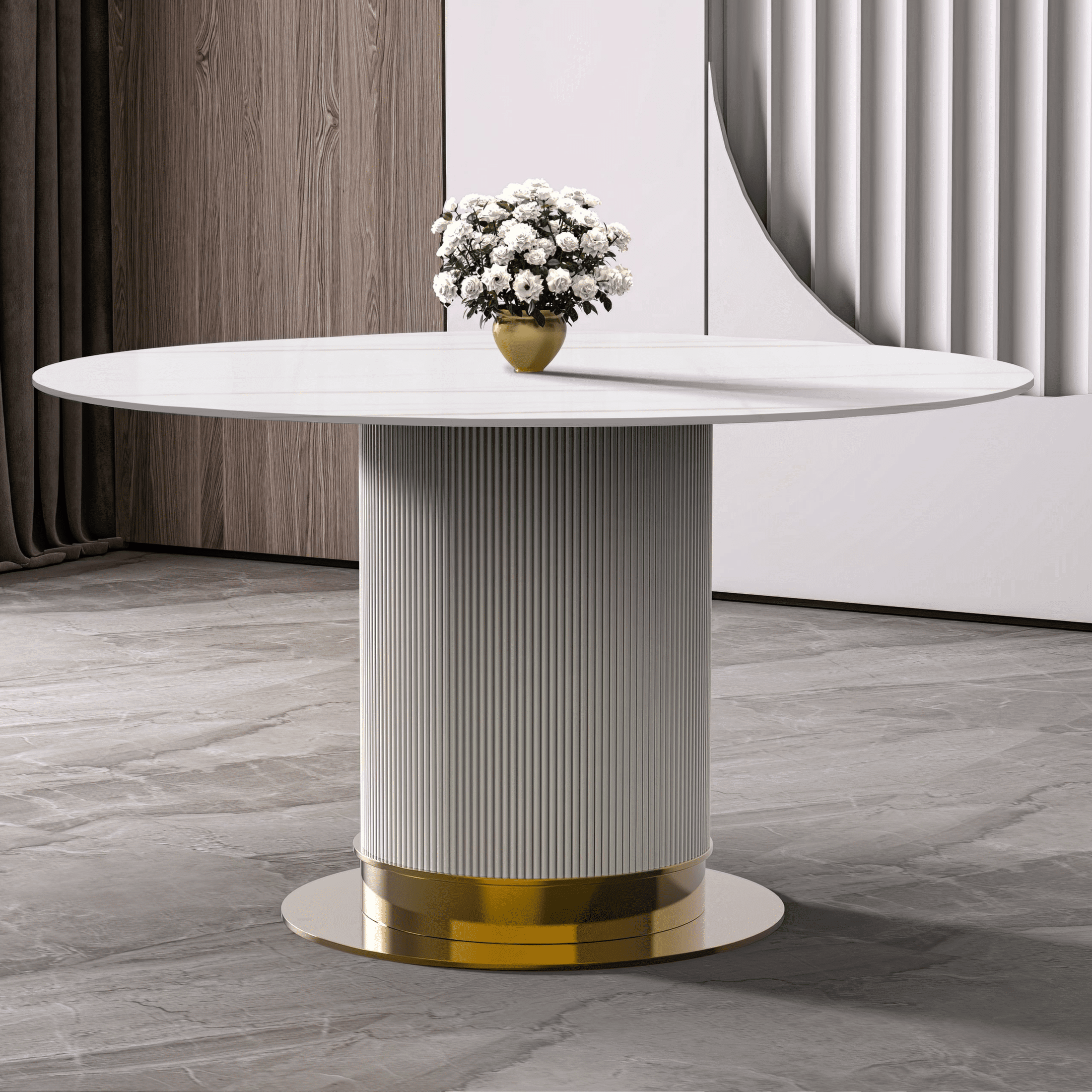 Jexis Round Dining Table with Glass/Sintered Stone Top and Stainless Steel Pedestal Base