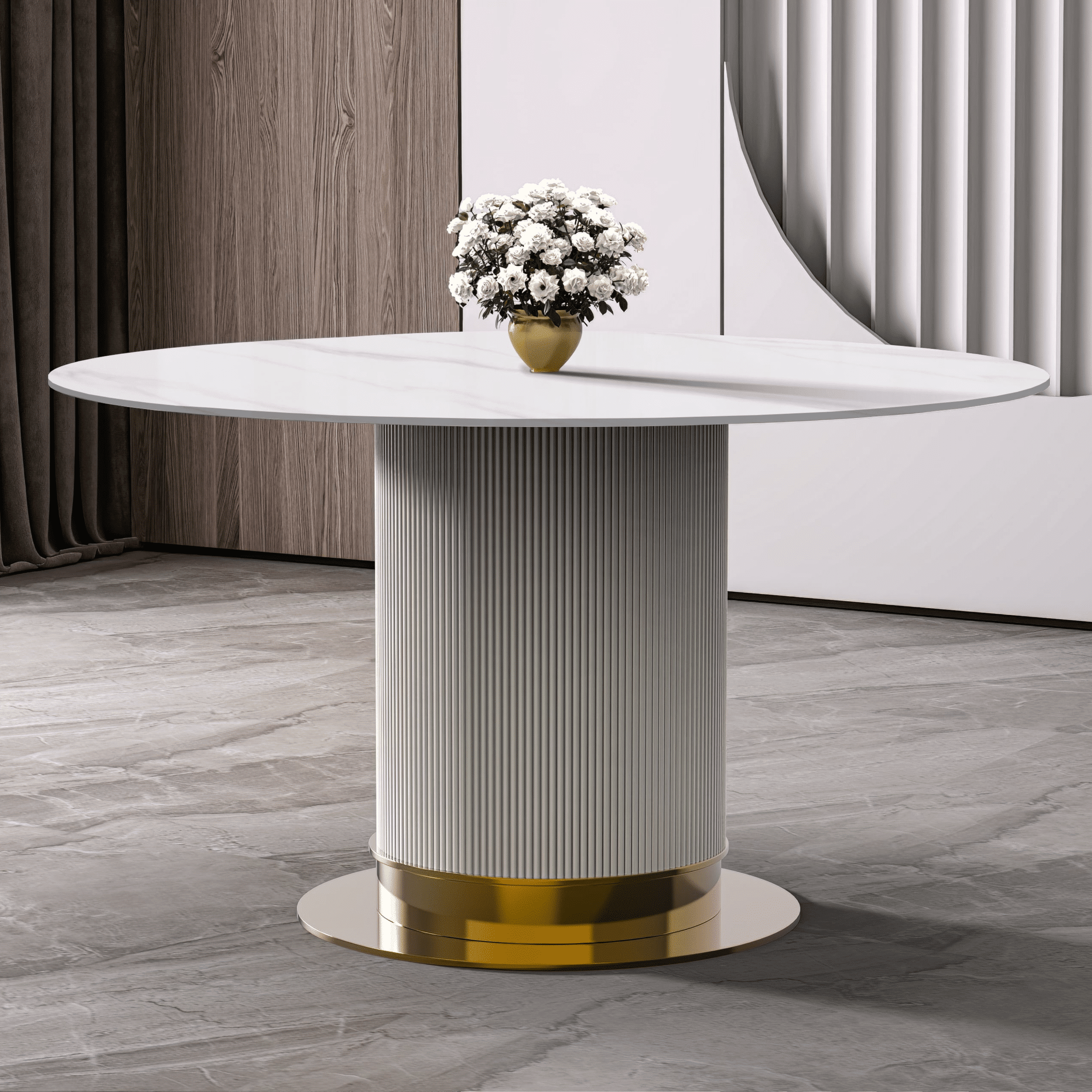 Jexis Round Dining Table with Glass/Sintered Stone Top and Stainless Steel Pedestal Base