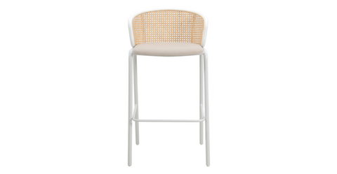 Ervilla Modern Wicker Bar Stool with Fabric Seat and White Powder Coated Steel Frame