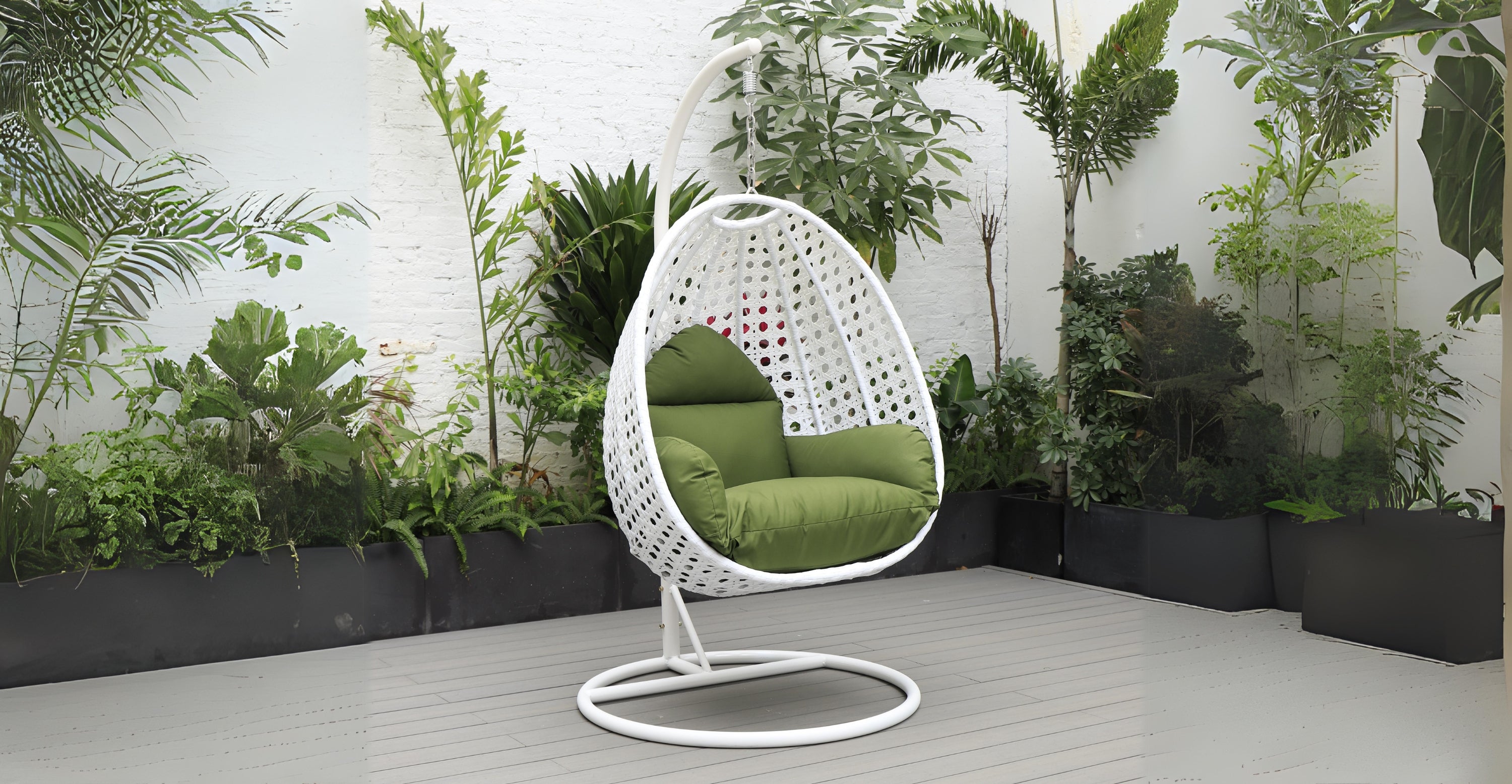 White Wicker Hanging Single Egg Swing Chair With Cushions