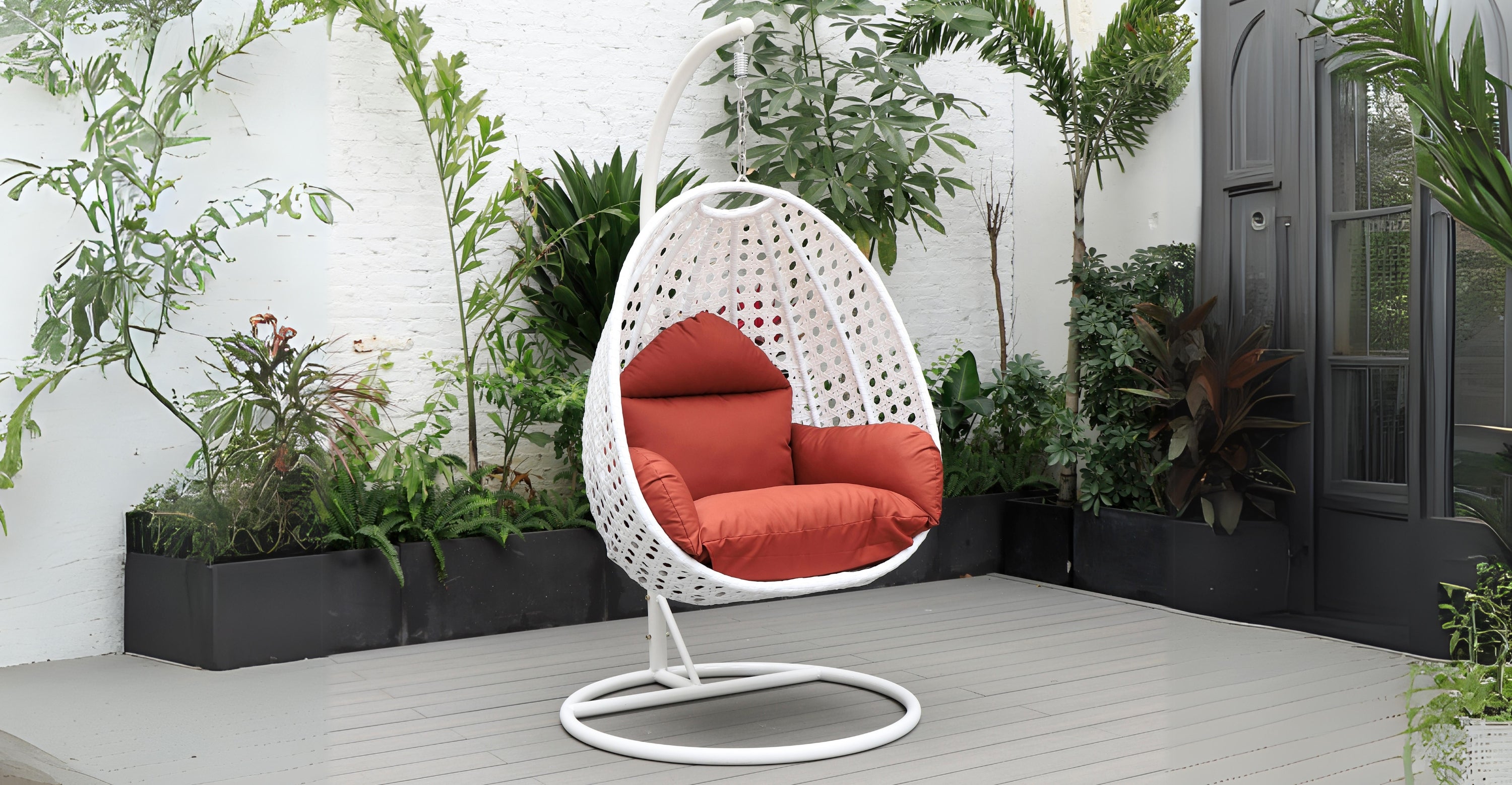 White Wicker Hanging Single Egg Swing Chair With Cushions