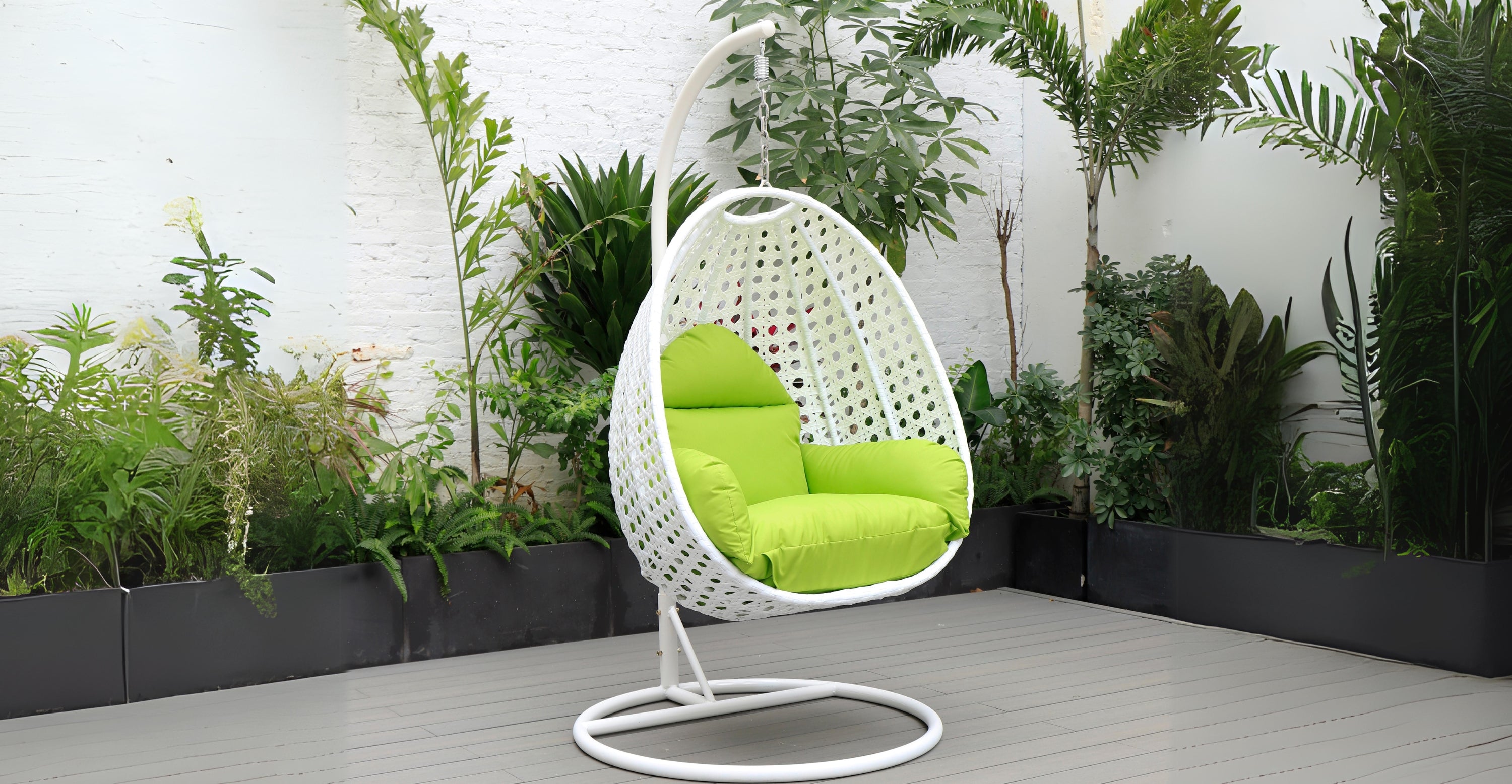 White Wicker Hanging Single Egg Swing Chair With Cushions