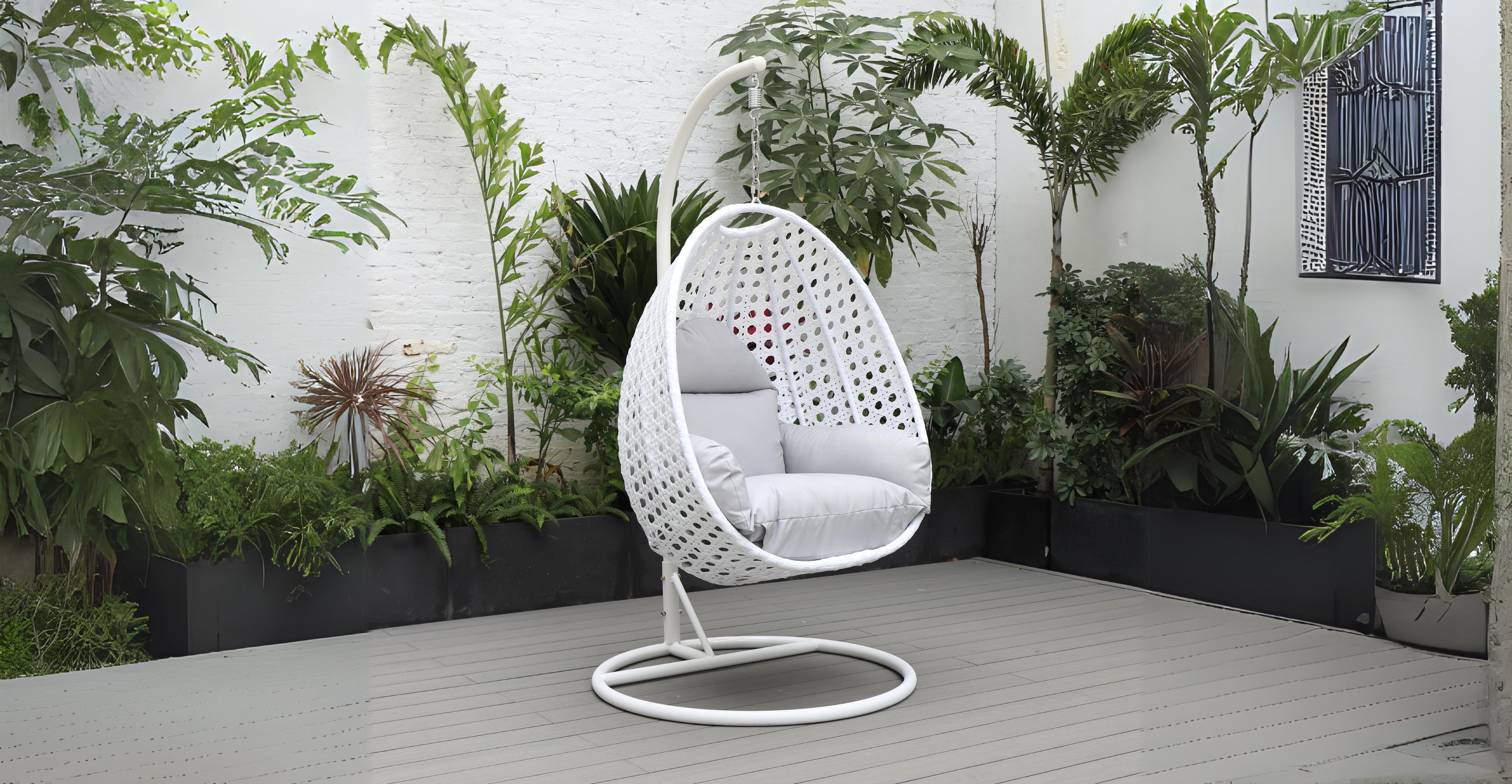 White Wicker Hanging Single Egg Swing Chair With Cushions