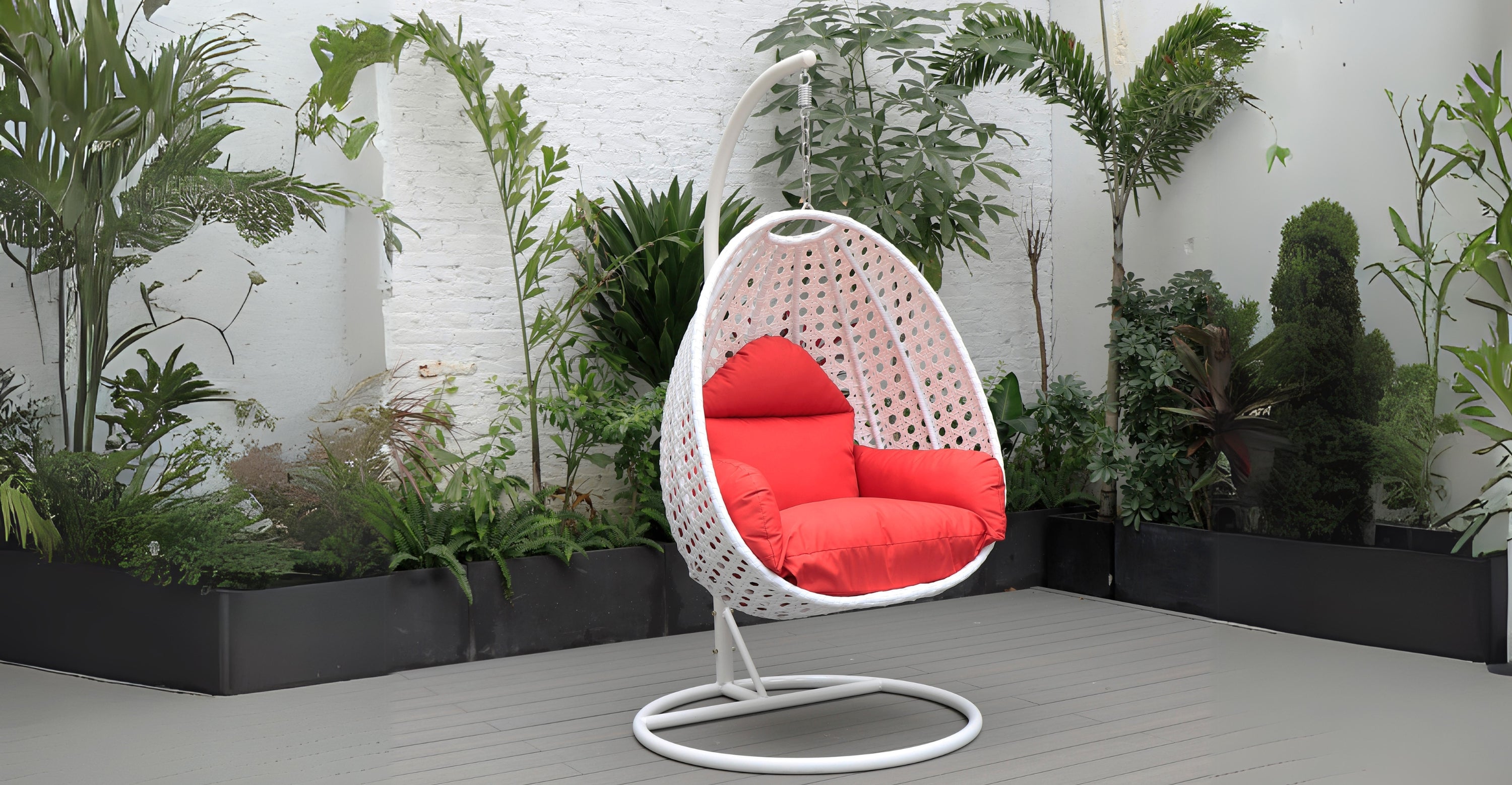 White Wicker Hanging Single Egg Swing Chair With Cushions