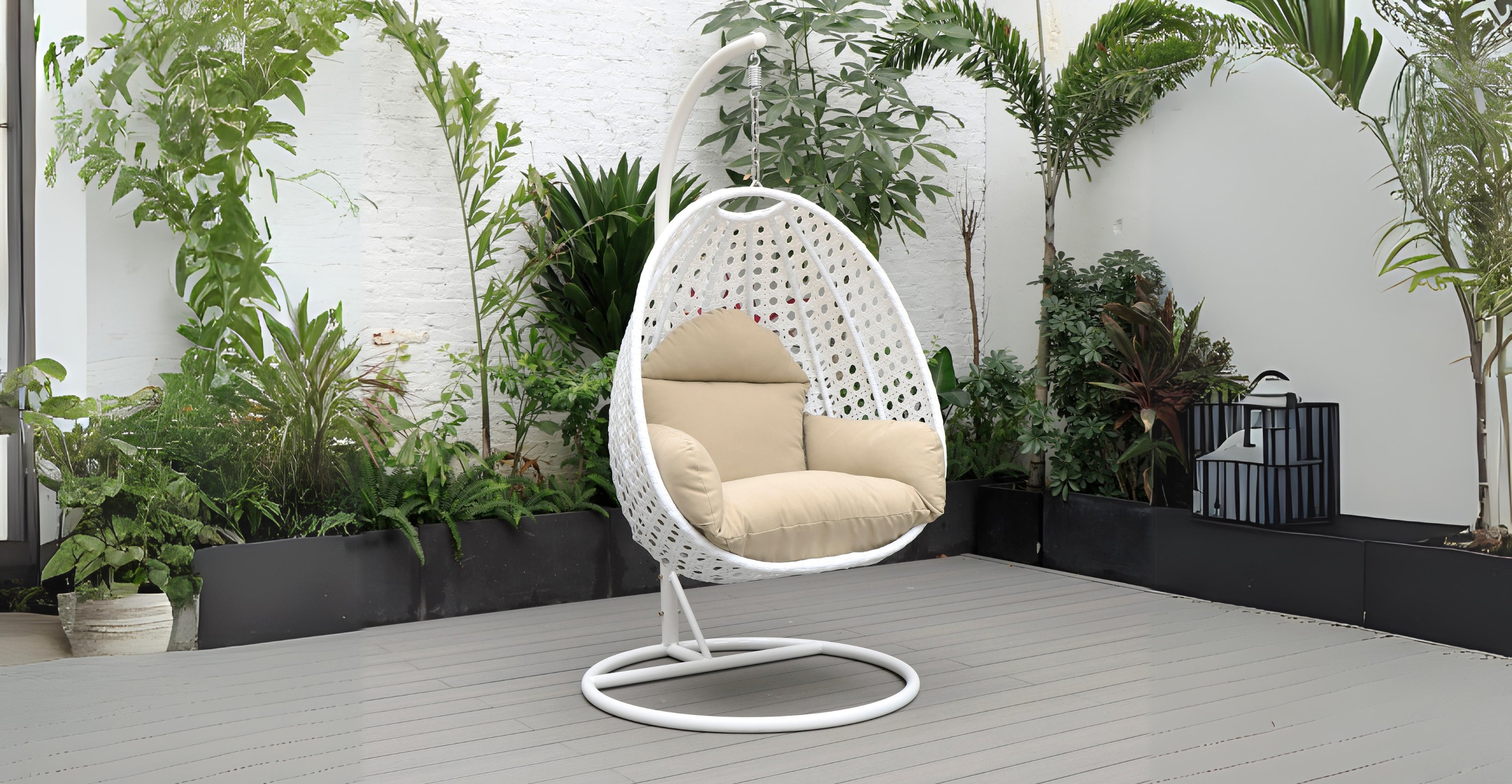 White Wicker Hanging Single Egg Swing Chair With Cushions