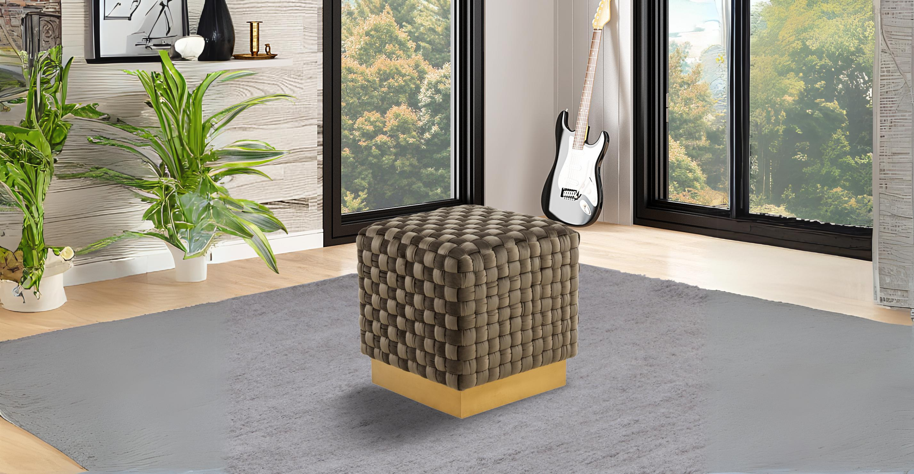 Myrtle 19" Square Weave Design Velvet Ottoman With Gold Base