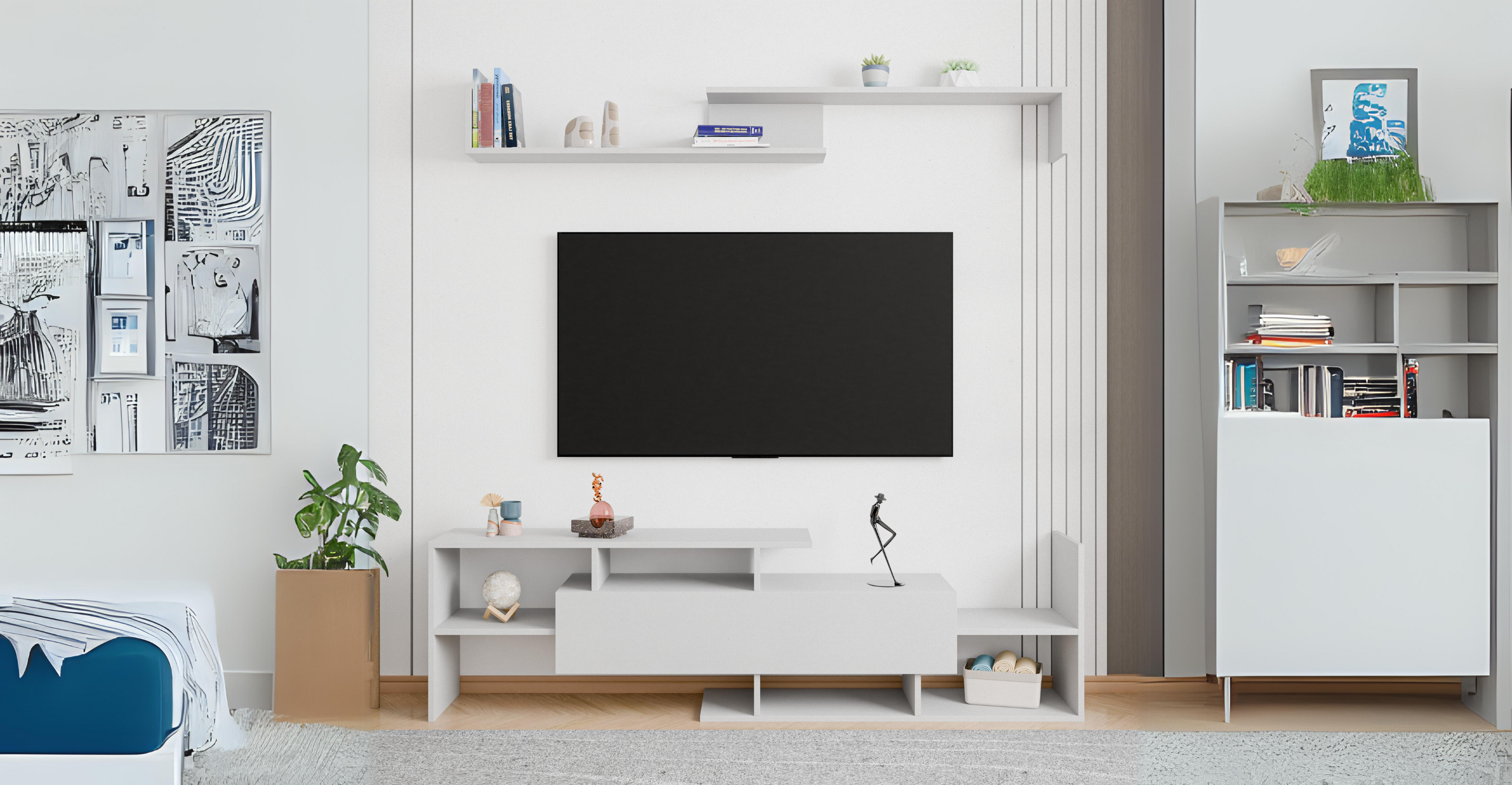 Surrey Modern TV Stand with MDF Shelves and Bookcase for Living Room