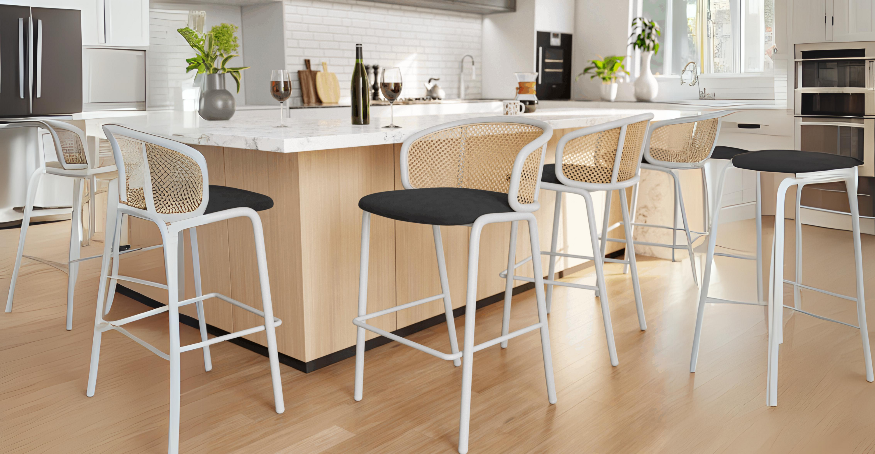 Ervilla Modern Wicker Bar Stool with Fabric Seat and White Powder Coated Steel Frame