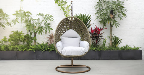 Beige Wicker Hanging Single Egg Swing Chair With Cushions