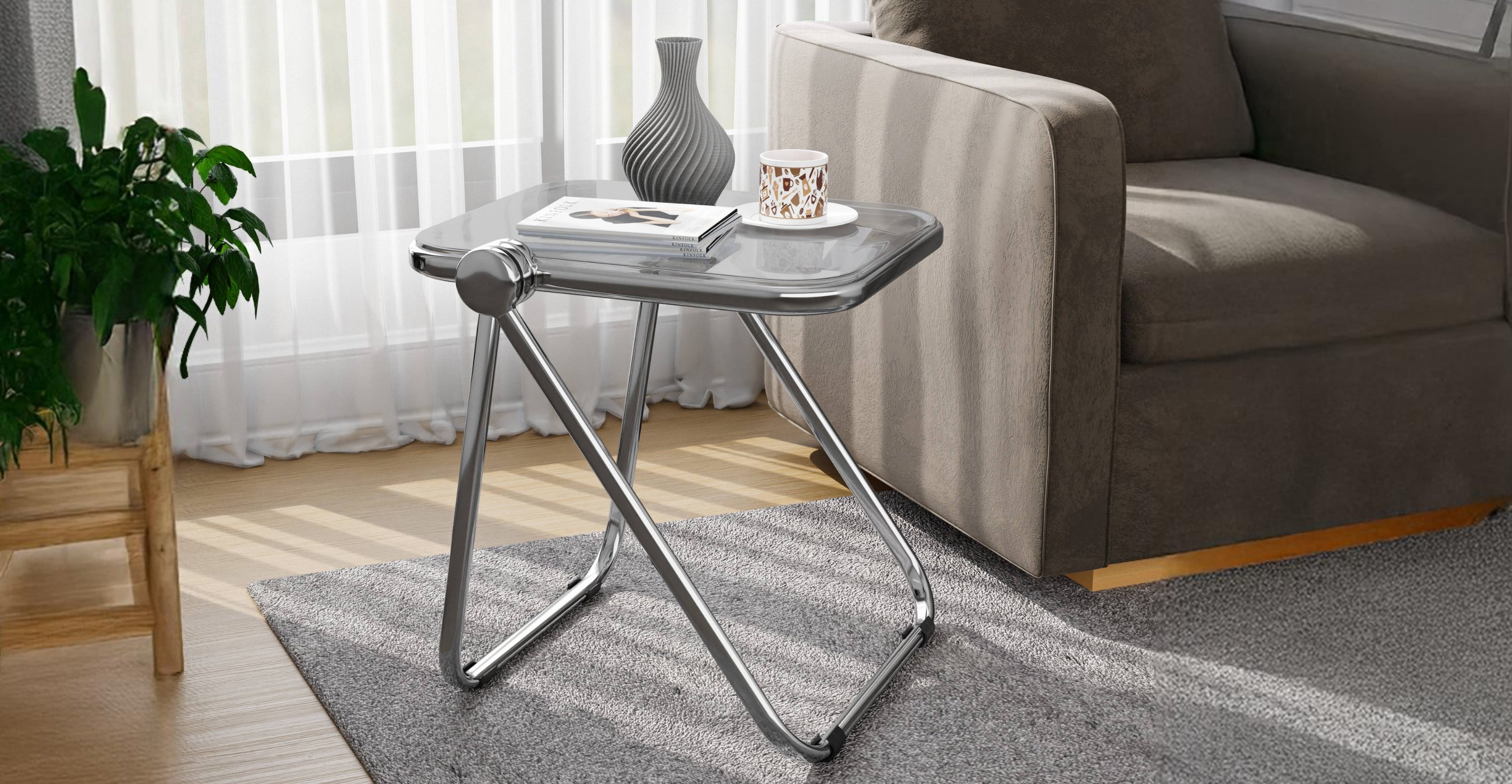 Lawrence Square Folding Side Table with Plastic Tabletop in Chrome Aluminum Frame