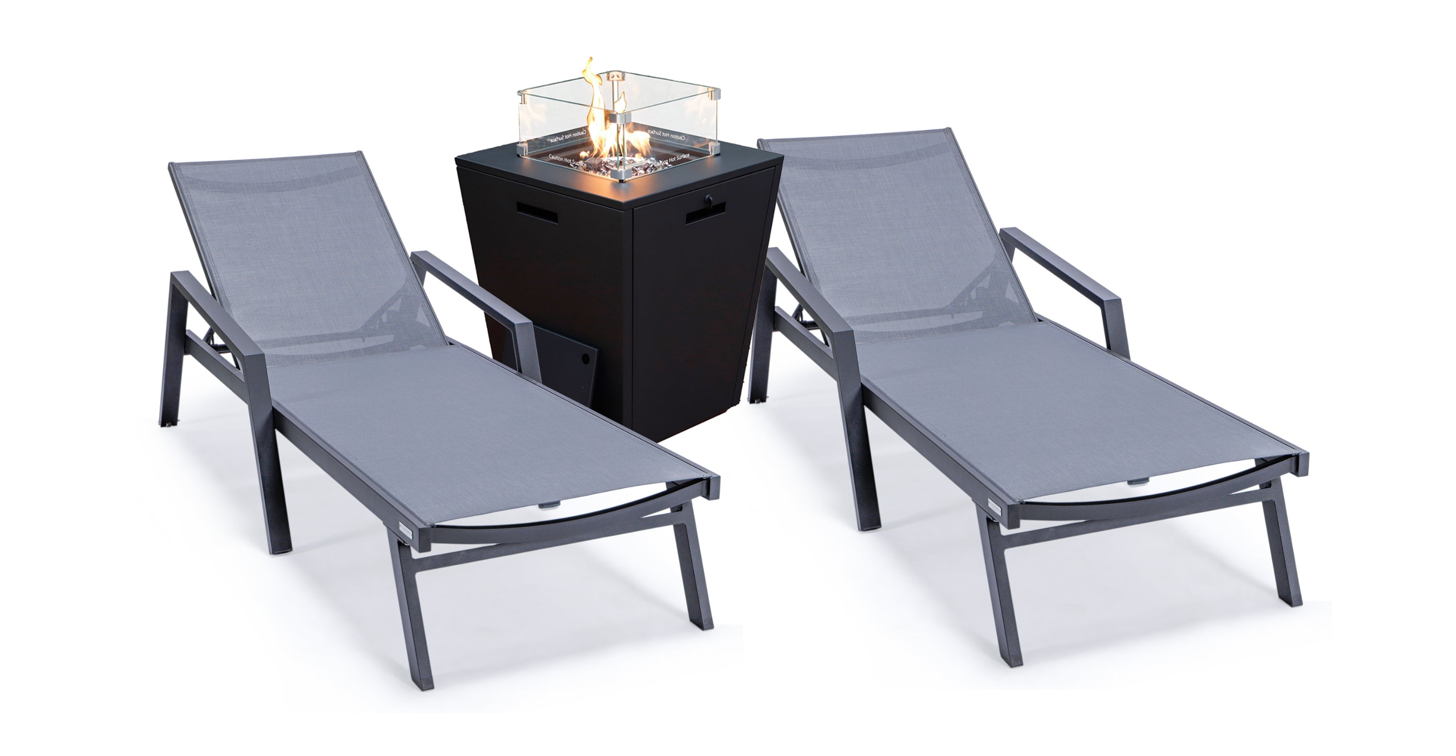 Marlin Modern Black Aluminum Outdoor Chaise Lounge Chair Set of 2 With Arms and Square Fire Pit Side Table for Patio