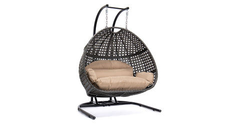 Wicker Hanging Double Egg Charcoal Swing Chair with an Iron Base