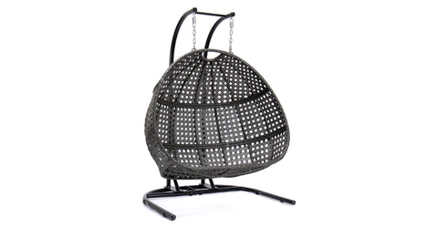 Wicker Hanging Double Egg Beige Swing Chair with an Iron Base