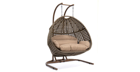 Wicker Hanging Double Egg Beige Swing Chair with an Iron Base