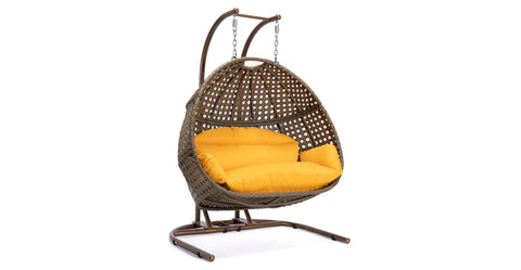 Wicker Hanging Double Egg Beige Swing Chair with an Iron Base