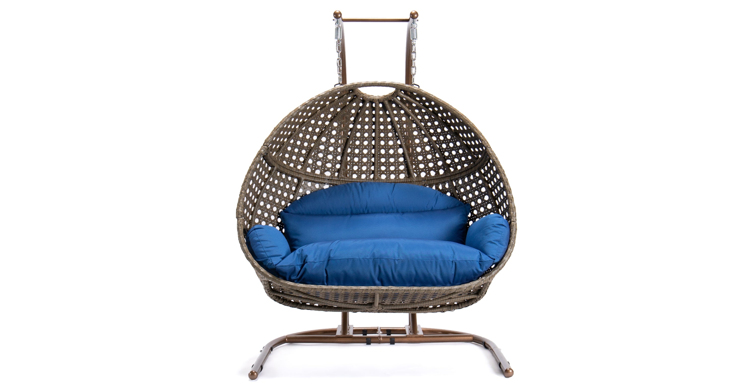 Wicker Hanging Double Egg Beige Swing Chair with an Iron Base