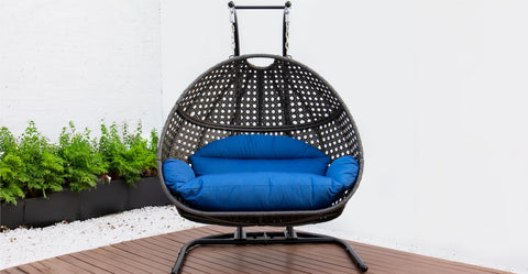 Wicker Hanging Double Egg Charcoal Swing Chair with an Iron Base