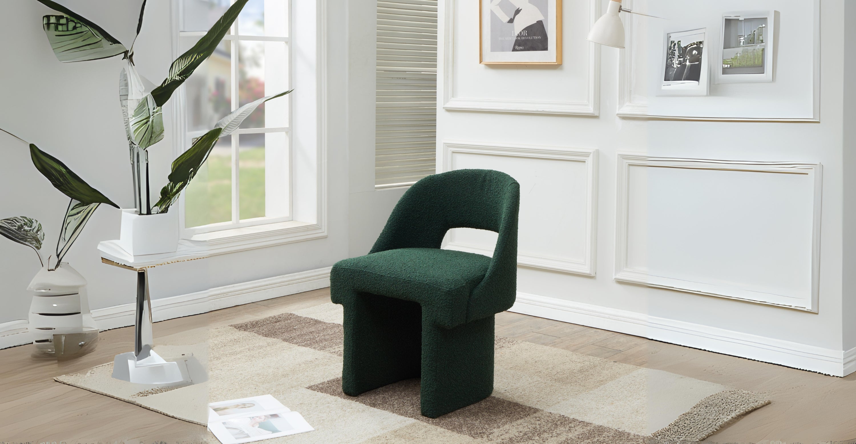 Quell Boucle Accent Chair Curved Open Back Design and Manufactured Wood Frame