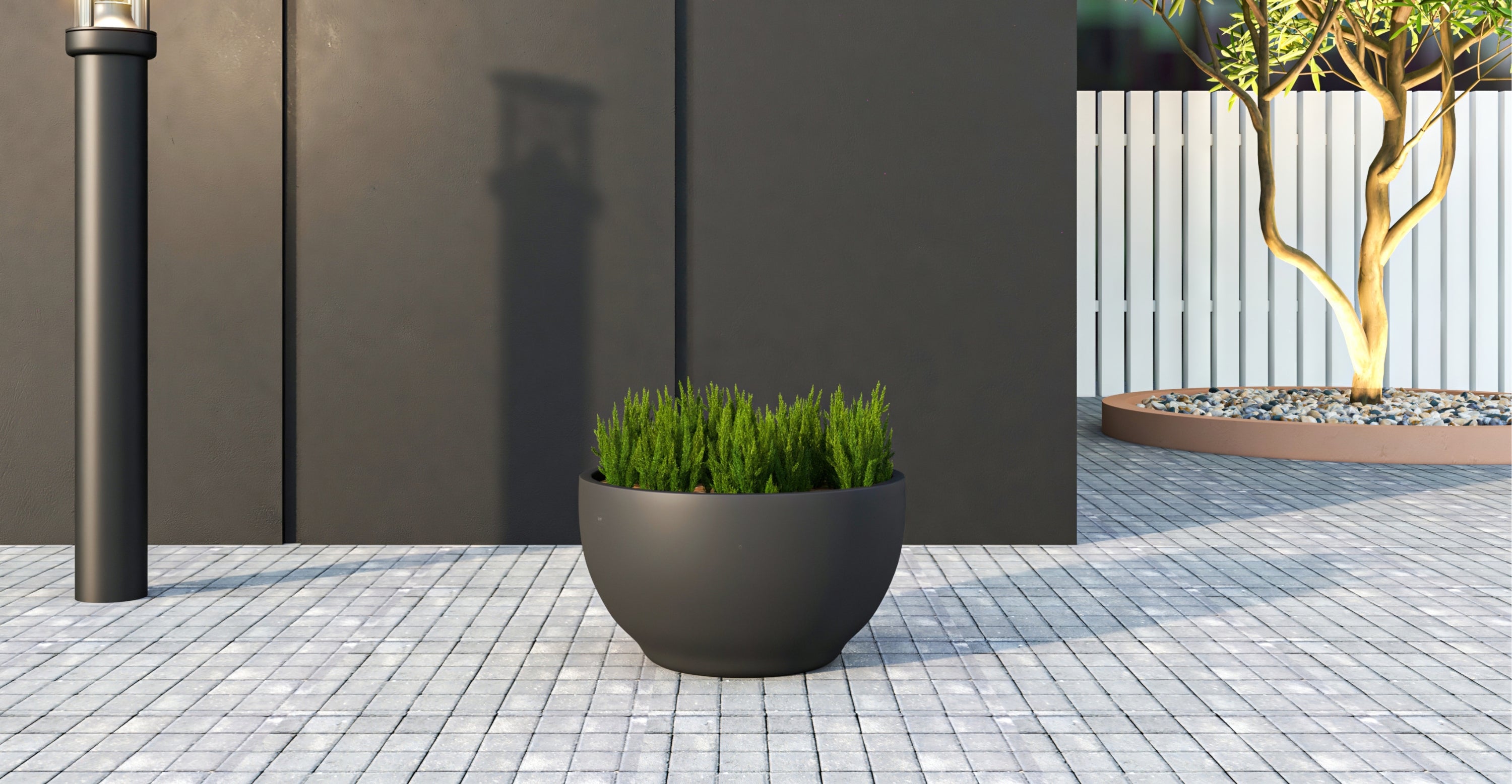 Grove Modern Fiberstone Round Planter Weather Resistant Design Plant Pot