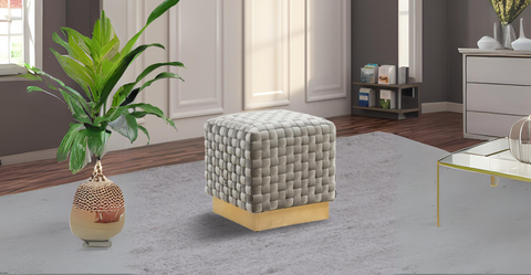 Myrtle 19" Square Weave Design Velvet Ottoman With Gold Base