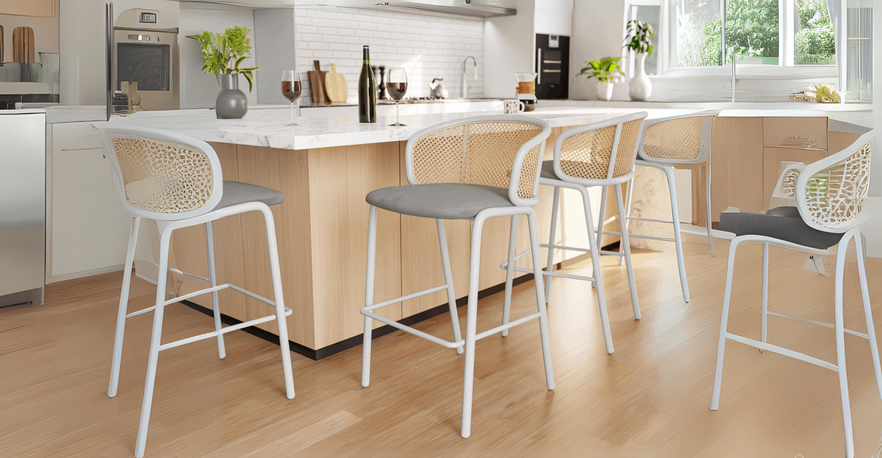 Ervilla Modern Wicker Bar Stool with Fabric Seat and White Powder Coated Steel Frame