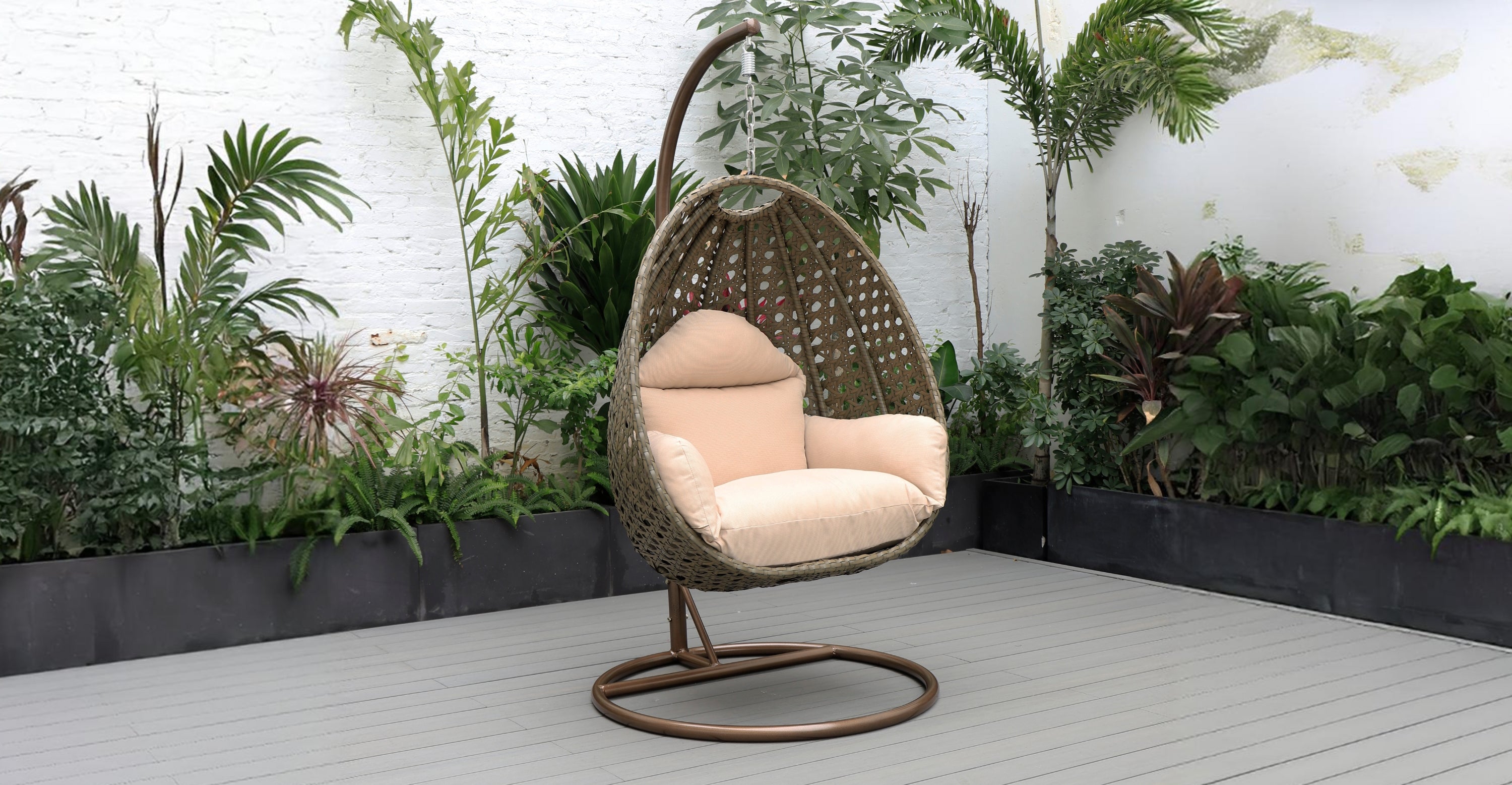 Beige Wicker Hanging Single Egg Swing Chair With Cushions