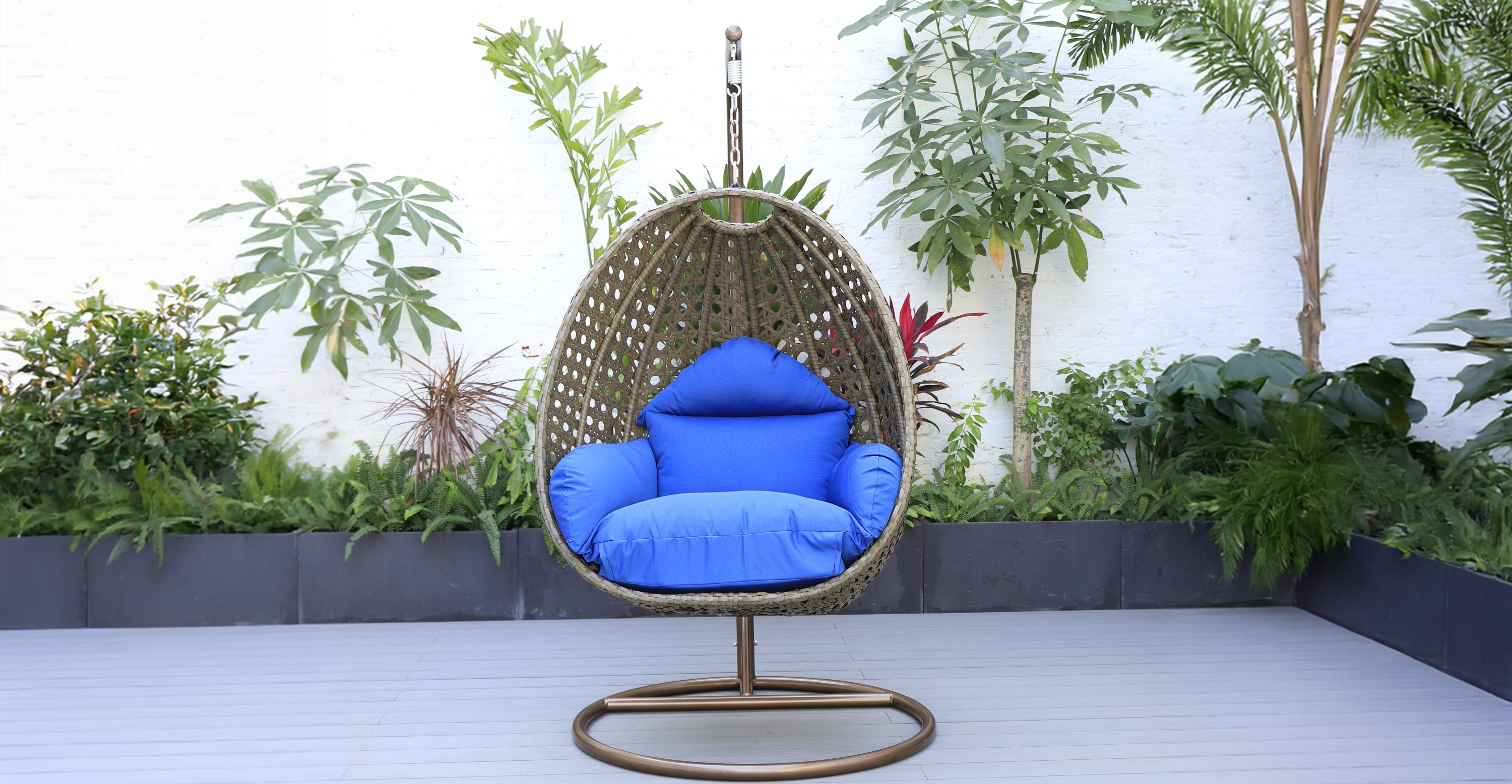 Beige Wicker Hanging Single Egg Swing Chair With Cushions