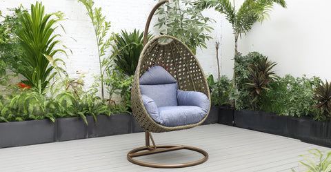 Beige Wicker Hanging Single Egg Swing Chair With Cushions