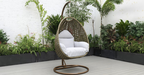 Beige Wicker Hanging Single Egg Swing Chair With Cushions