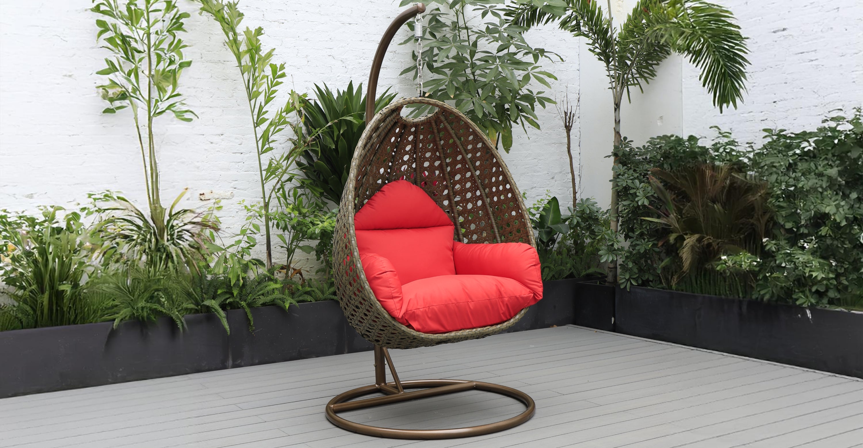 Beige Wicker Hanging Single Egg Swing Chair With Cushions