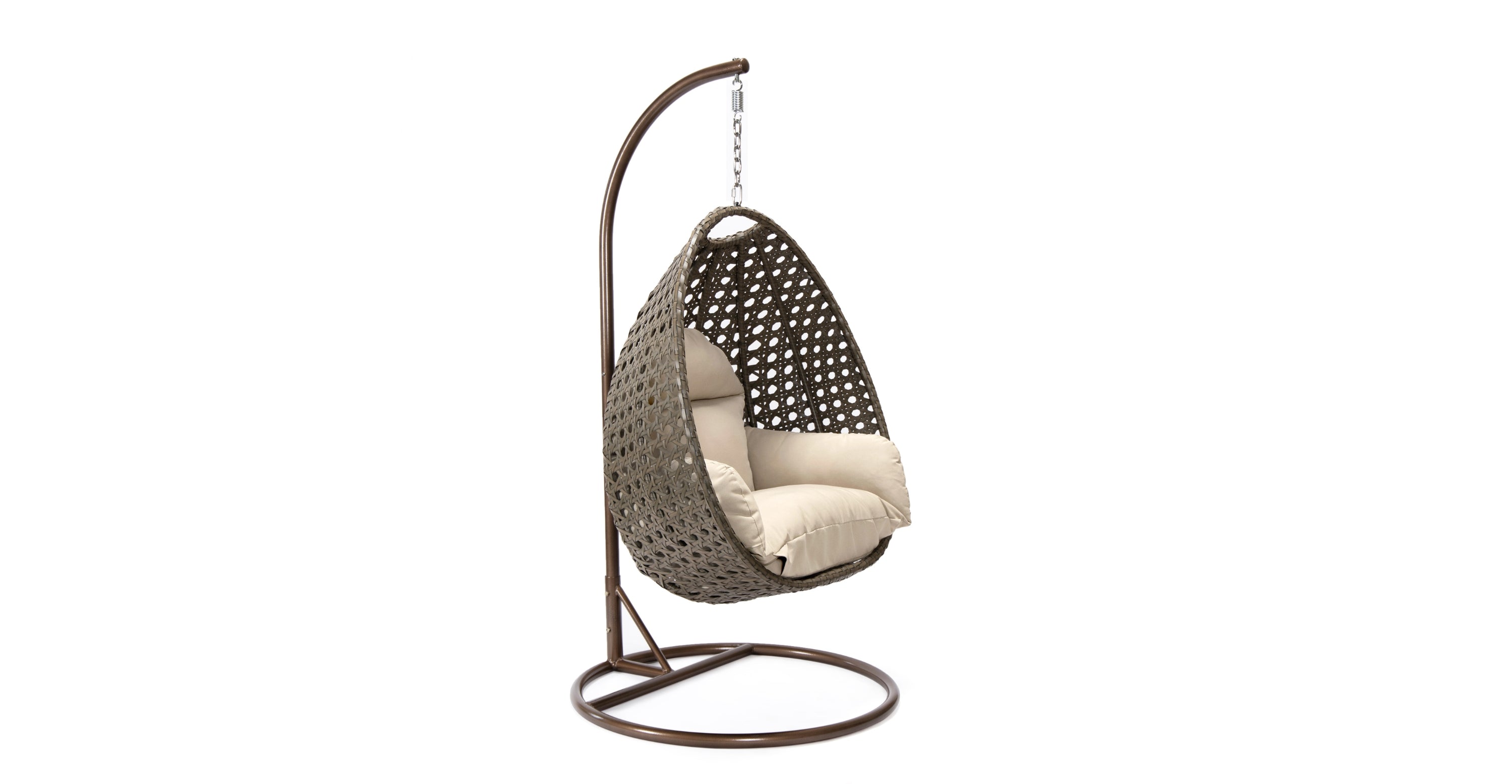 Beige Wicker Hanging Single Egg Swing Chair With Cushions