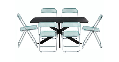 Lawrence 7-Piece Dining Set: Folding Acrylic Chairs & Rectangular Wood Table with Geometric Base