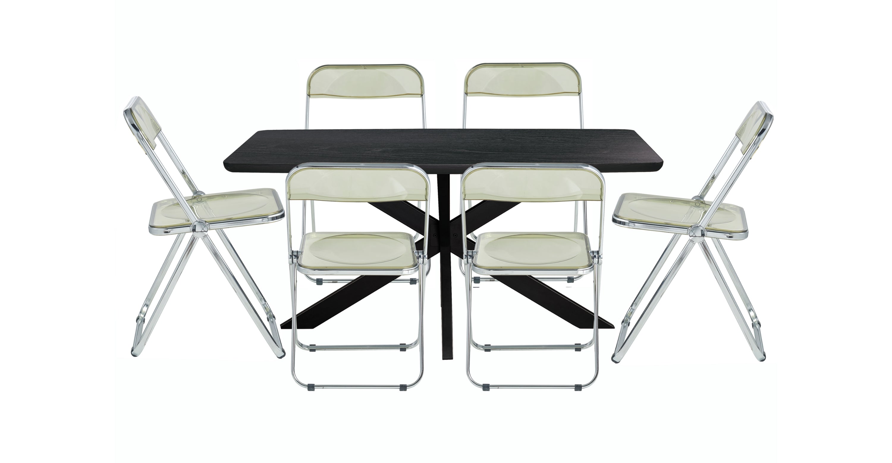 Lawrence 7-Piece Dining Set: Folding Acrylic Chairs & Rectangular Wood Table with Geometric Base