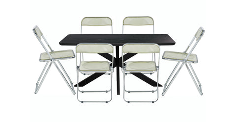 Lawrence 7-Piece Dining Set: Folding Acrylic Chairs & Rectangular Wood Table with Geometric Base