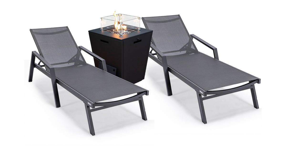 Marlin Modern Black Aluminum Outdoor Chaise Lounge Chair Set of 2 With Arms and Square Fire Pit Side Table for Patio