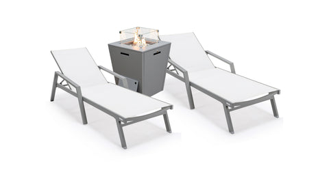 Marlin Modern Grey Aluminum Outdoor Chaise Lounge Chair Set of 2 With Arms and Square Fire Pit Side Table for Patio