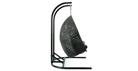 Wicker Hanging Double Egg Charcoal Swing Chair with an Iron Base