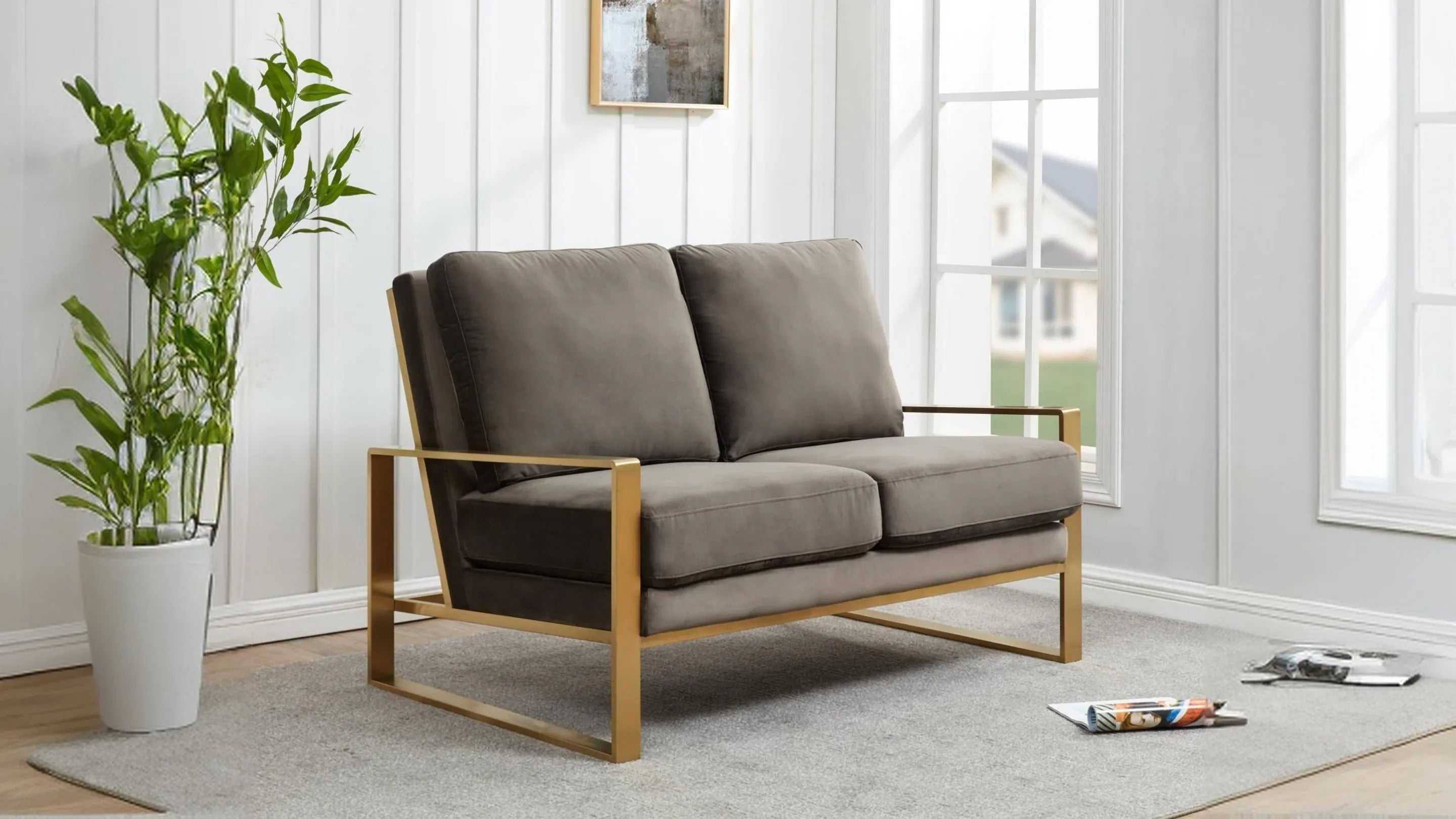 Jefferson Contemporary Velvet/Leather Loveseat with Stainless Steel Frame